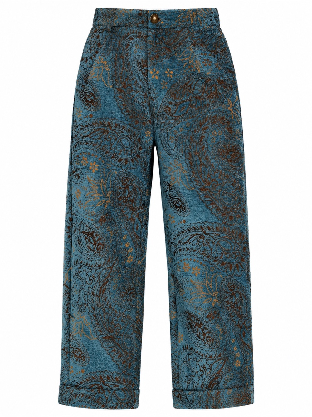Free People Blue Paisley Boot-Cut Jacquard Pants with Gold Accents